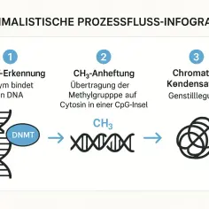 Proces metylacji DNA: enzym DNMT rozpoznaje DNA, przyłącza grupę CH3 do cytozyny, co prowadzi do kondensacji chromatyny i wyciszenia genów. To przykład regulacji ekspresji genów, gdzie geny ciągłe i nieciągłe mogą być aktywne lub wyciszone.