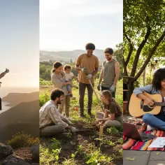 Podróżniczka na szczycie, rodzina pracująca w ogrodzie, dziewczyna grająca na gitarze. Czy warto wziąć gap year? Tak!