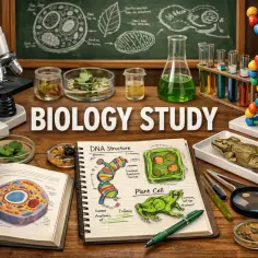 Mikroskop, probówki, model DNA, książki i rysunki biologiczne na drewnianym stole.