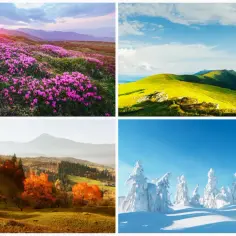 Cztery pory roku w górach: kwitnące rododendrony, zielone wzgórza, jesienne barwy i zimowy krajobraz, które tworzy klimat.