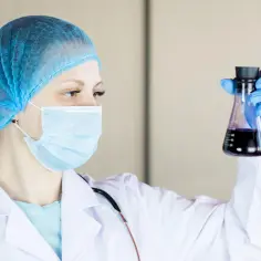 Naukowczyni w maseczce i czepku analizuje ciemny płyn w kolbie. Zastanawia się, co po chemii przyniesie przyszłość.