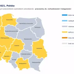 Mapa Polski z zaznaczonymi województwami, pokazująca prognozę rynku pracy dla pracowników ds. rachunkowości i księgowości w 2021.