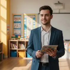 Młody nauczyciel z tabletem w ręku, w klasie pełnej kolorowych pomocy dydaktycznych. Czy nauczyciel z licencjatem może uczyć w szkole podstawowej? Tak, jeśli ma pasję i wiedzę!