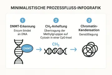 Proces metylacji DNA: enzym DNMT rozpoznaje DNA, przyłącza grupę CH3 do cytozyny, co prowadzi do kondensacji chromatyny i wyciszenia genów. To przykład regulacji ekspresji genów, gdzie geny ciągłe i nieciągłe mogą być aktywne lub wyciszone.