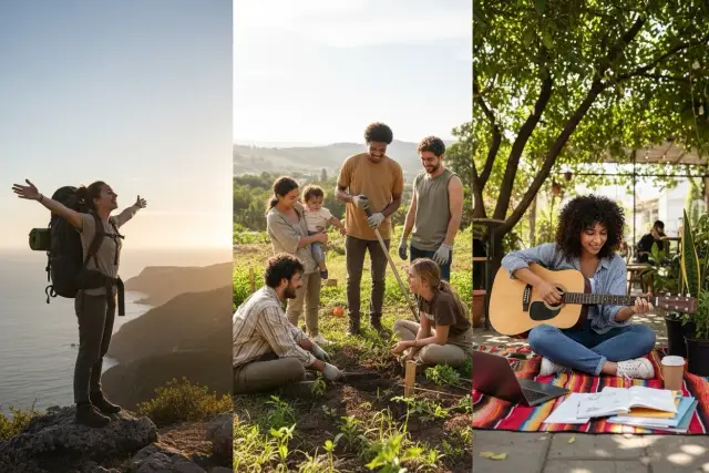 Podróżniczka na szczycie, rodzina pracująca w ogrodzie, dziewczyna grająca na gitarze. Czy warto wziąć gap year? Tak!